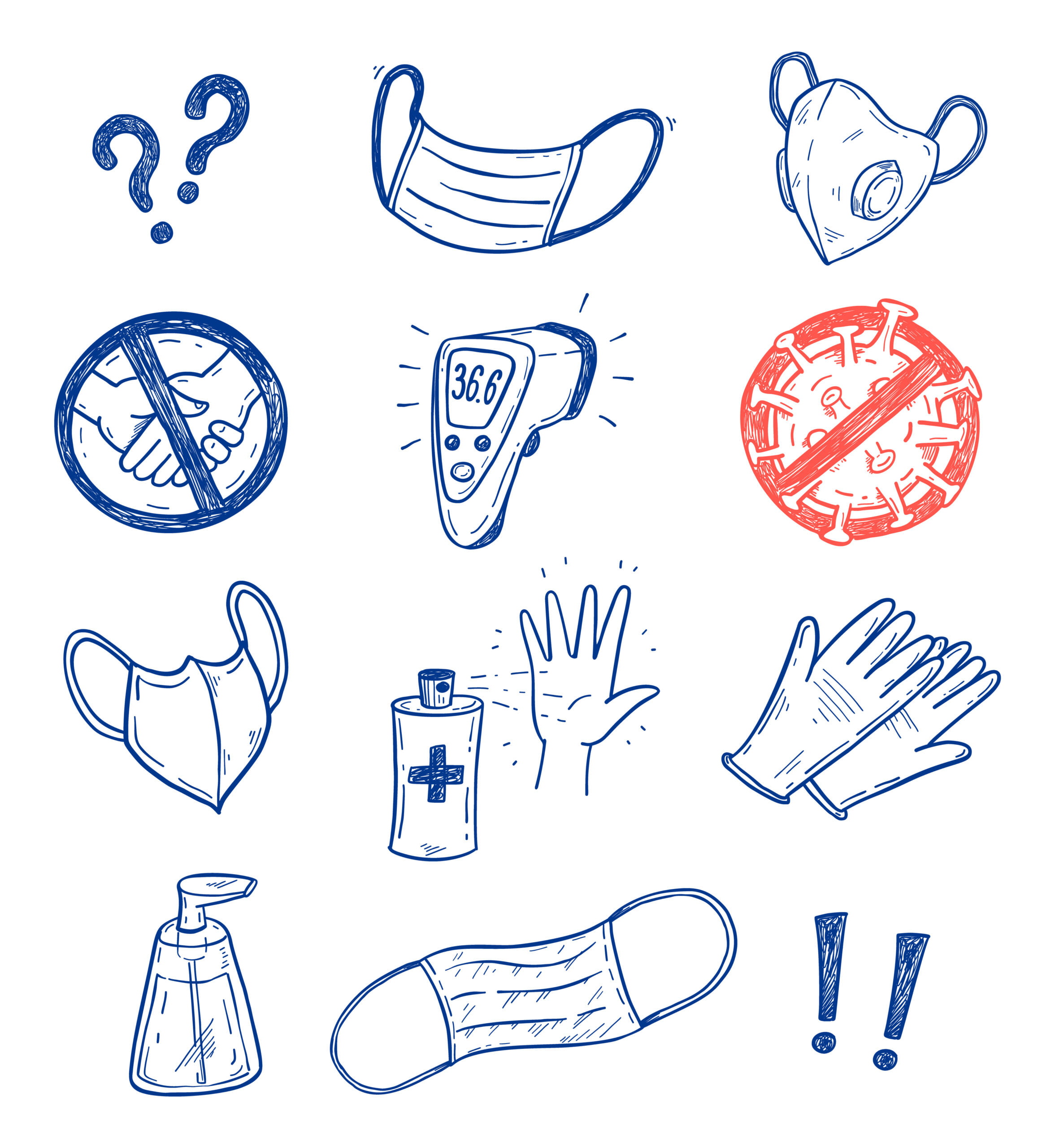 CoronaVirus Covid-19 protection vector sketch set with hand drawn face masks, gloves, antiseptic, soap etc.